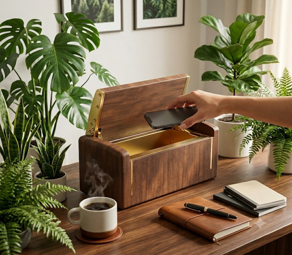 The Detox Box on a desk, brass-lined walnut, a phone being placed inside